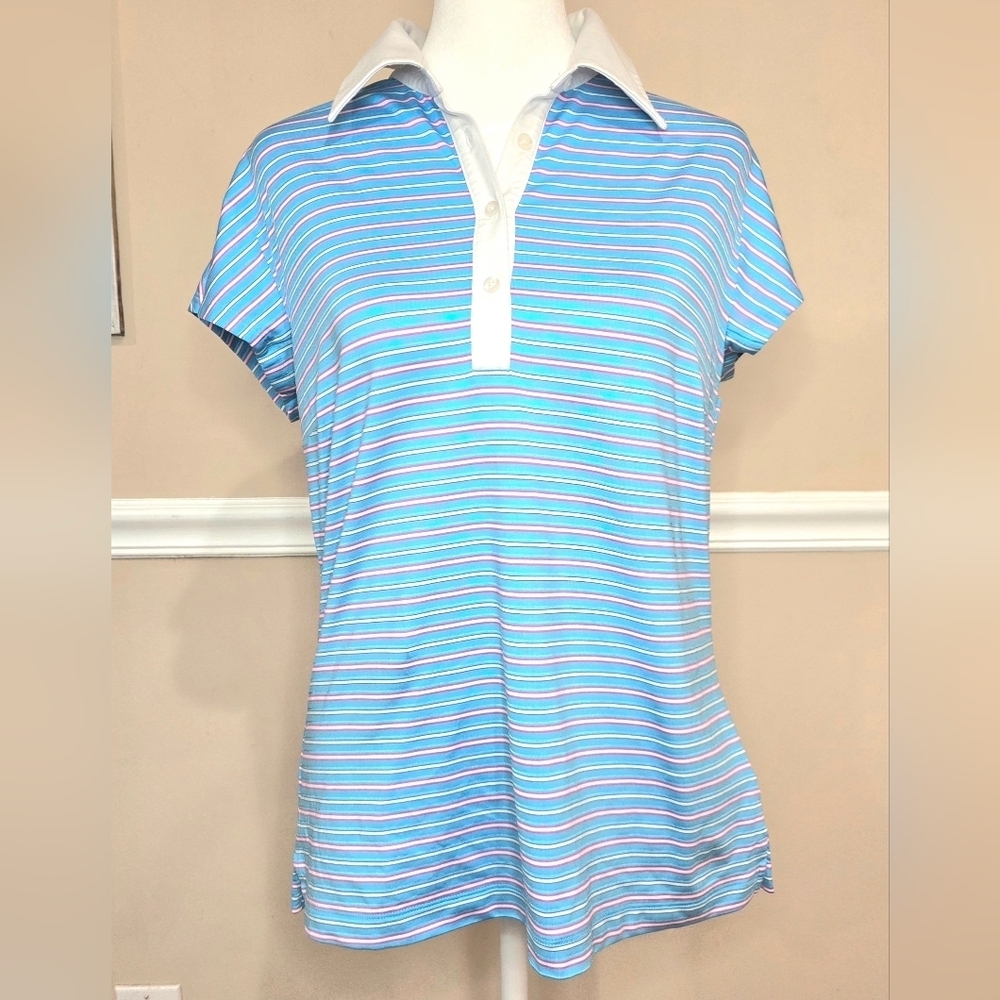 ADIDAS nancy haley Sz M Polyester Knit Cap Sleeve White Golf Tee Aqua Stripes